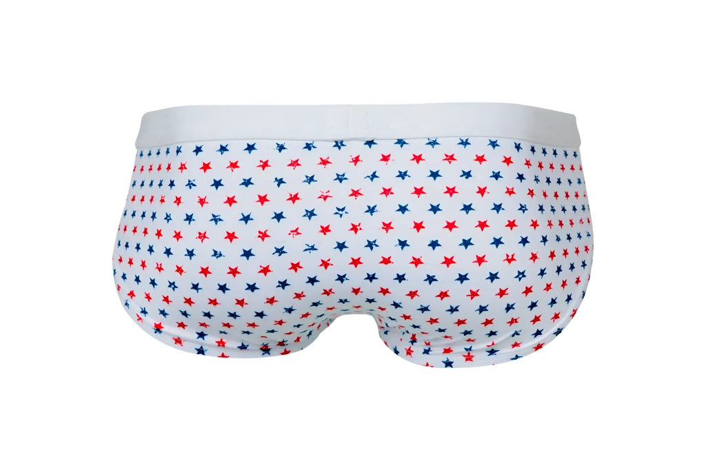 White briefs with red and blue star pattern from pikante pik 1072 blaze briefs color white collection