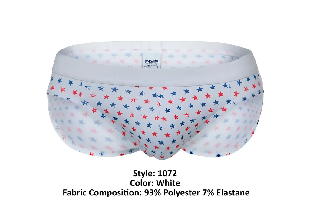 White Pikante PIK 1072 Blaze briefs with a playful pattern of red blue and light gray stars
