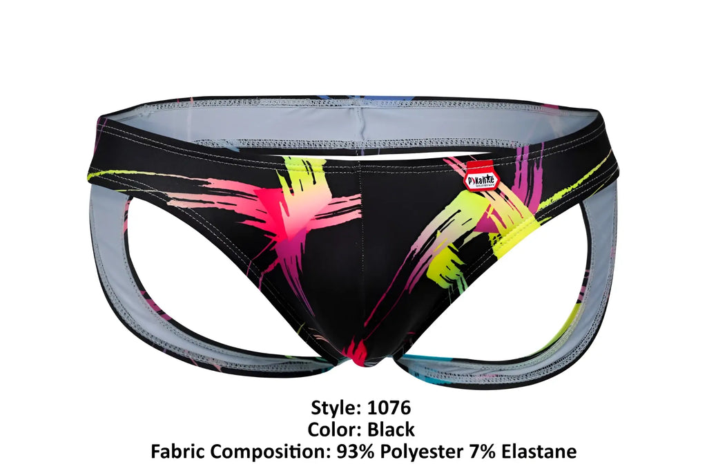 Black athletic briefs pikante PIK 1076 nucleus jockstrap with neon pink yellow and magenta brushstroke patterns