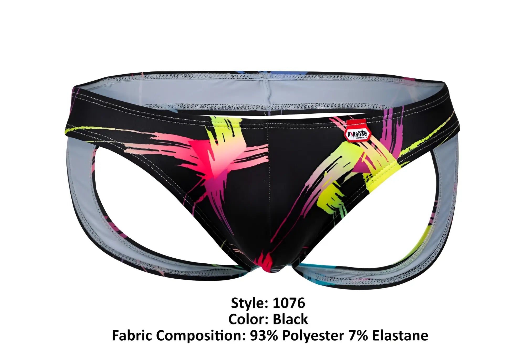 Black athletic briefs pikante PIK 1076 nucleus jockstrap with neon pink yellow and magenta brushstroke patterns