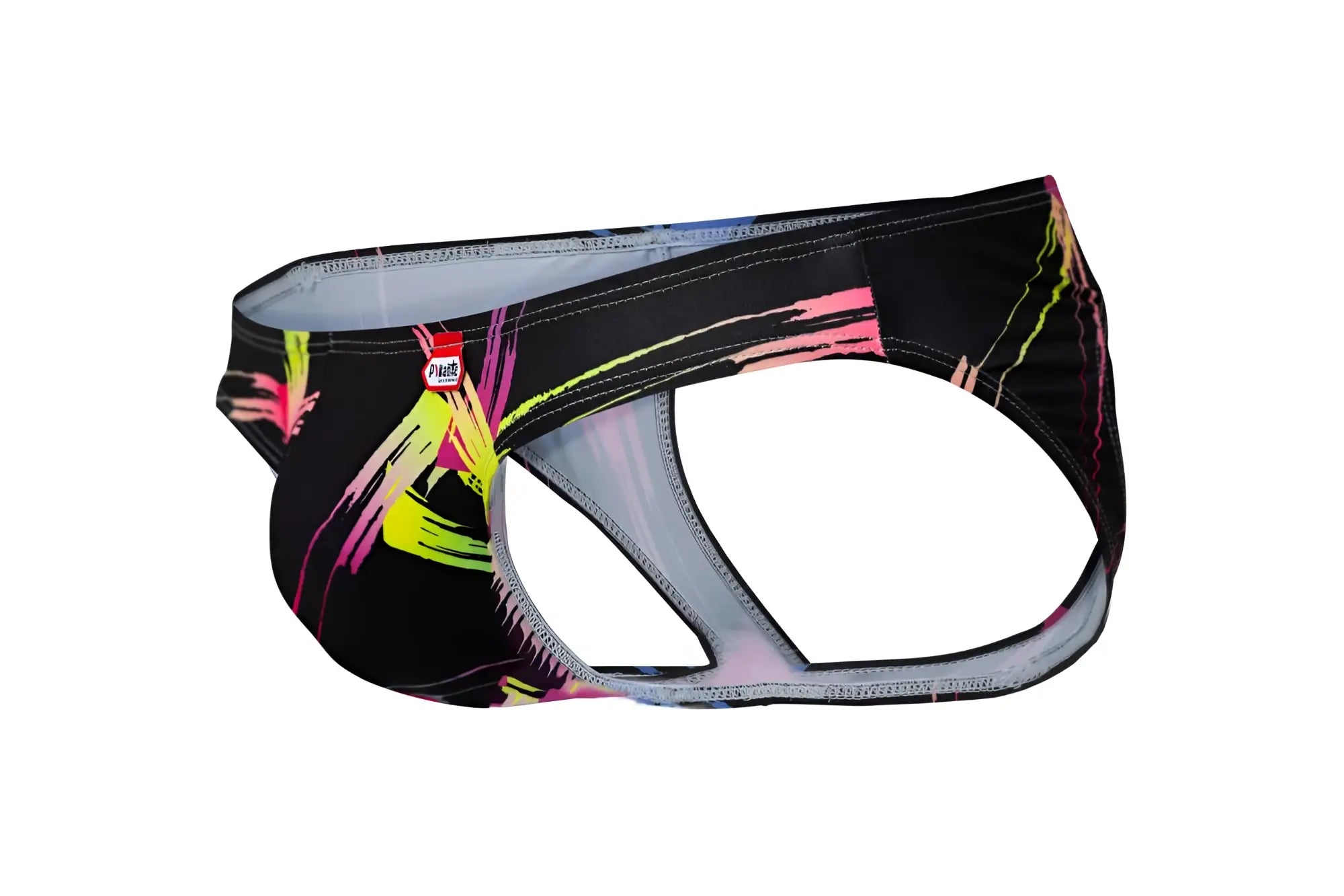 Pikante pik 1076 nucleus black jockstrap athletic briefs with neon pink yellow and green abstract brushstroke patterns