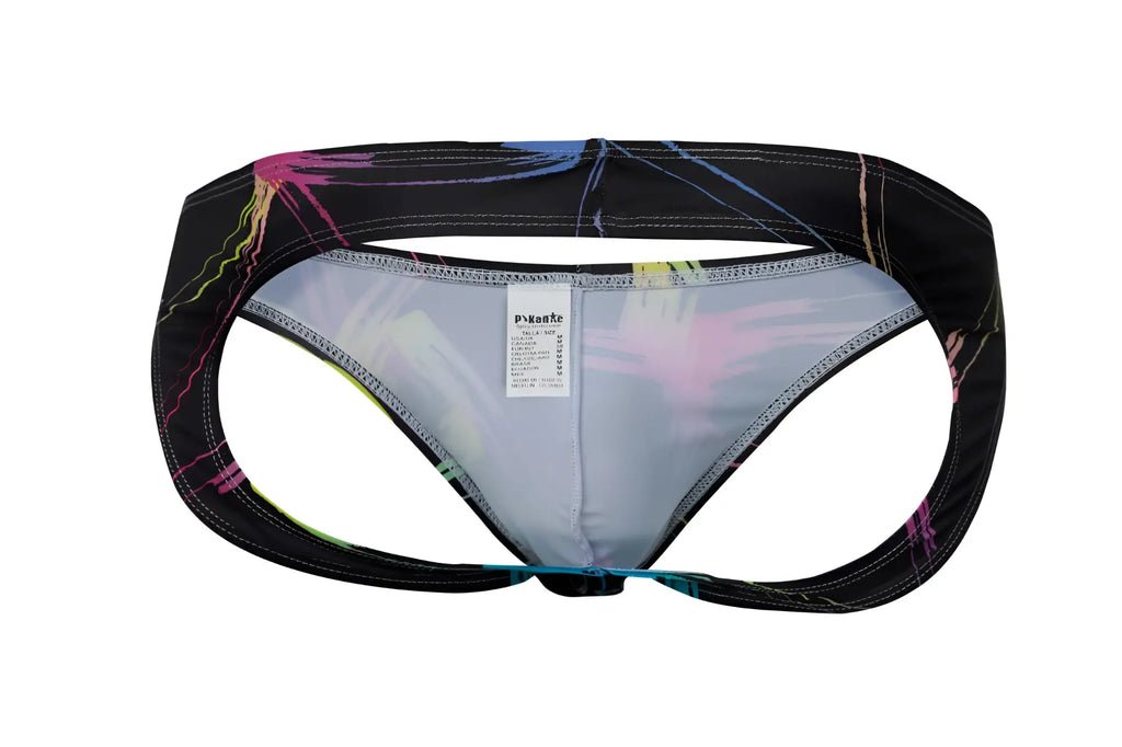 Pikante pik 1076 nucleus black athletic briefs with neon pink yellow blue and green paint splatter design