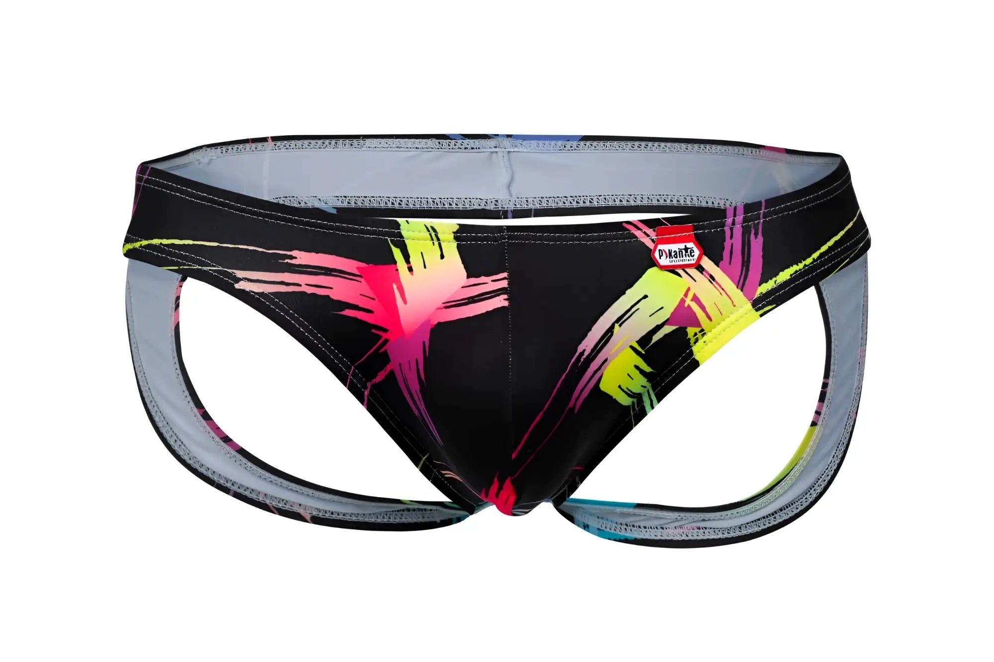 Pikante PIK 1076 Nucleus jockstrap in black with neon pink and yellow brushstroke patterns and gray lining