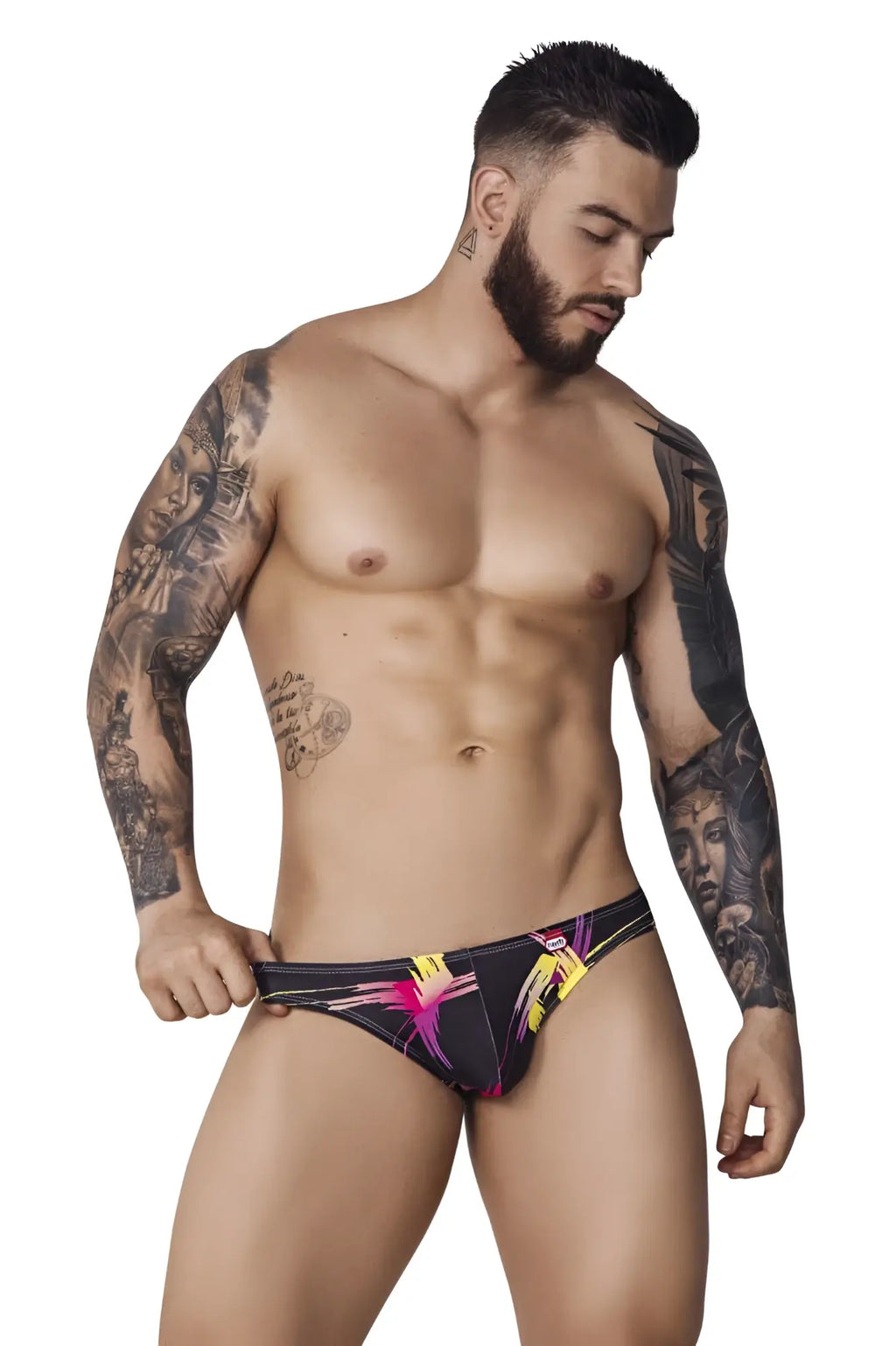 Black pikante pik 1076 nucleus jockstrap swim trunks with vibrant pink and yellow abstract designs