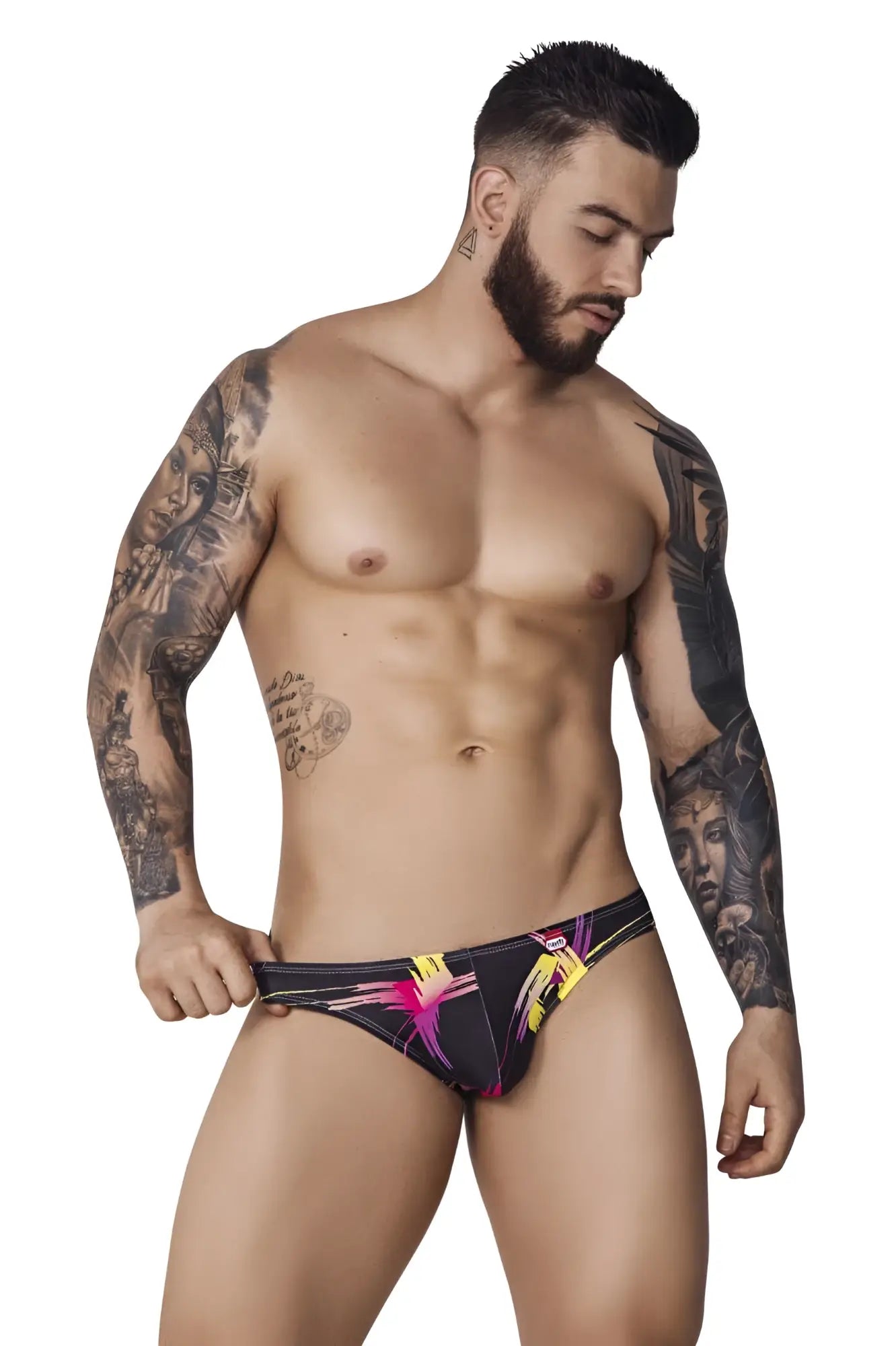 Black pikante pik 1076 nucleus jockstrap swim trunks with vibrant pink and yellow abstract designs
