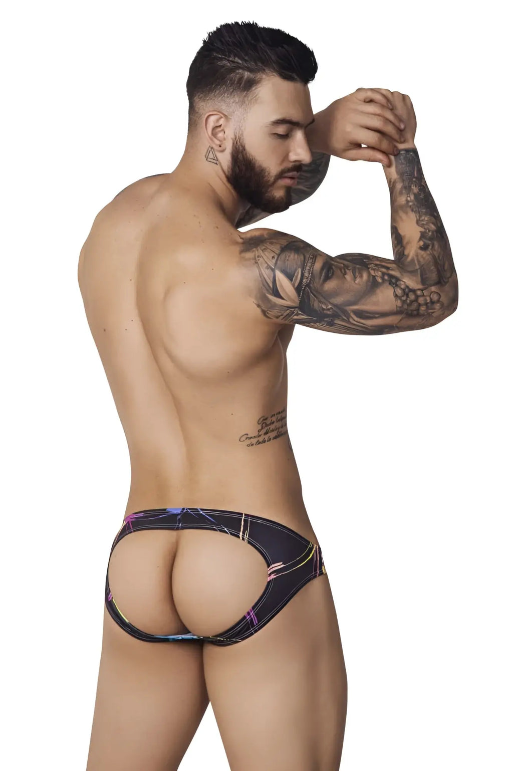 Black pikante pik 1076 nucleus jockstrap briefs with vibrant neon pink and blue geometric patterns