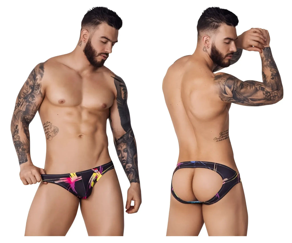 Vibrant patterned pikante pik 1076 nucleus jockstrap in black with bold pink and yellow abstract designs