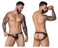 Vibrant patterned pikante pik 1076 nucleus jockstrap in black with bold pink and yellow abstract designs