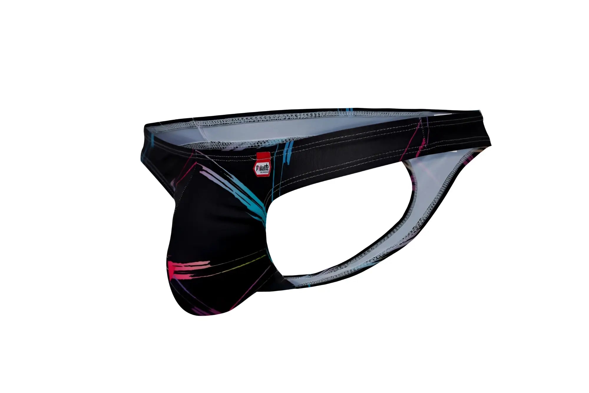 Black Pikante PIK 1077 Nucleus athletic briefs with vibrant teal pink and white abstract line pattern