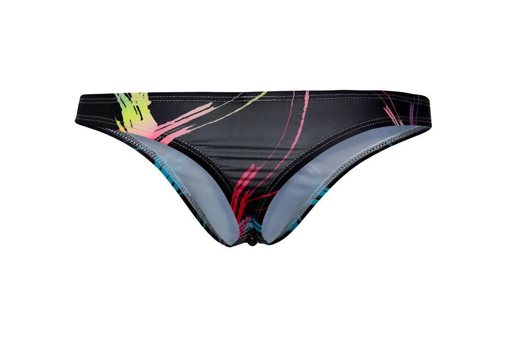 Black bikini bottom with vibrant neon pink yellow and blue brushstroke patterns on stretchy fabric from Pikante PIK 1077 Nucleus Thongs