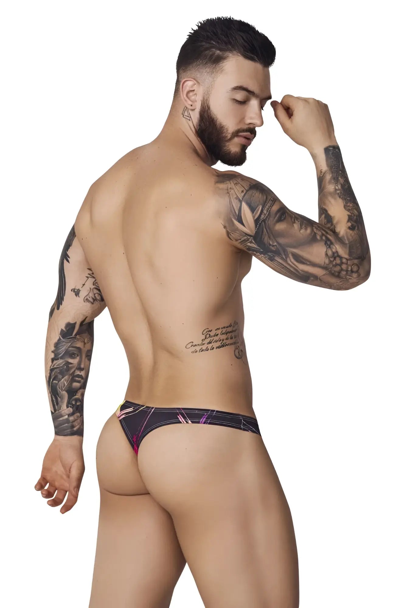 Black and pink patterned thong with sleek modern design from Pikante PIK 1077 Nucleus thongs color black