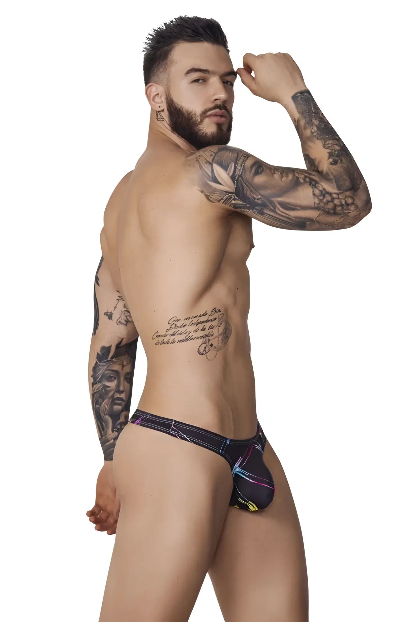 Black and purple patterned pikante PIK 1077 nucleus thongs with neon accent lines for men