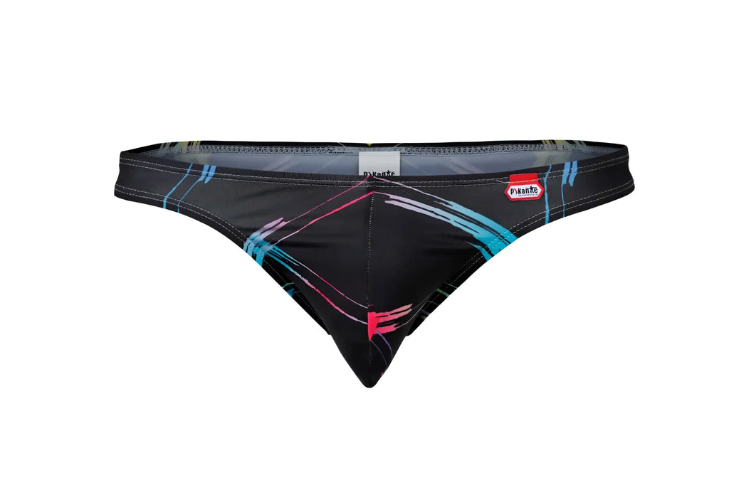 Black swim trunks pikante PIK 1077 nucleus thongs with bold abstract blue pink and white brushstroke patterns