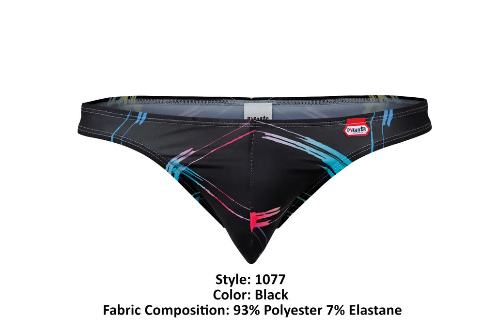 Black swim trunks pikante pik 1077 nucleus with vibrant blue and pink geometric lines made of 93 polyester 7 elastane