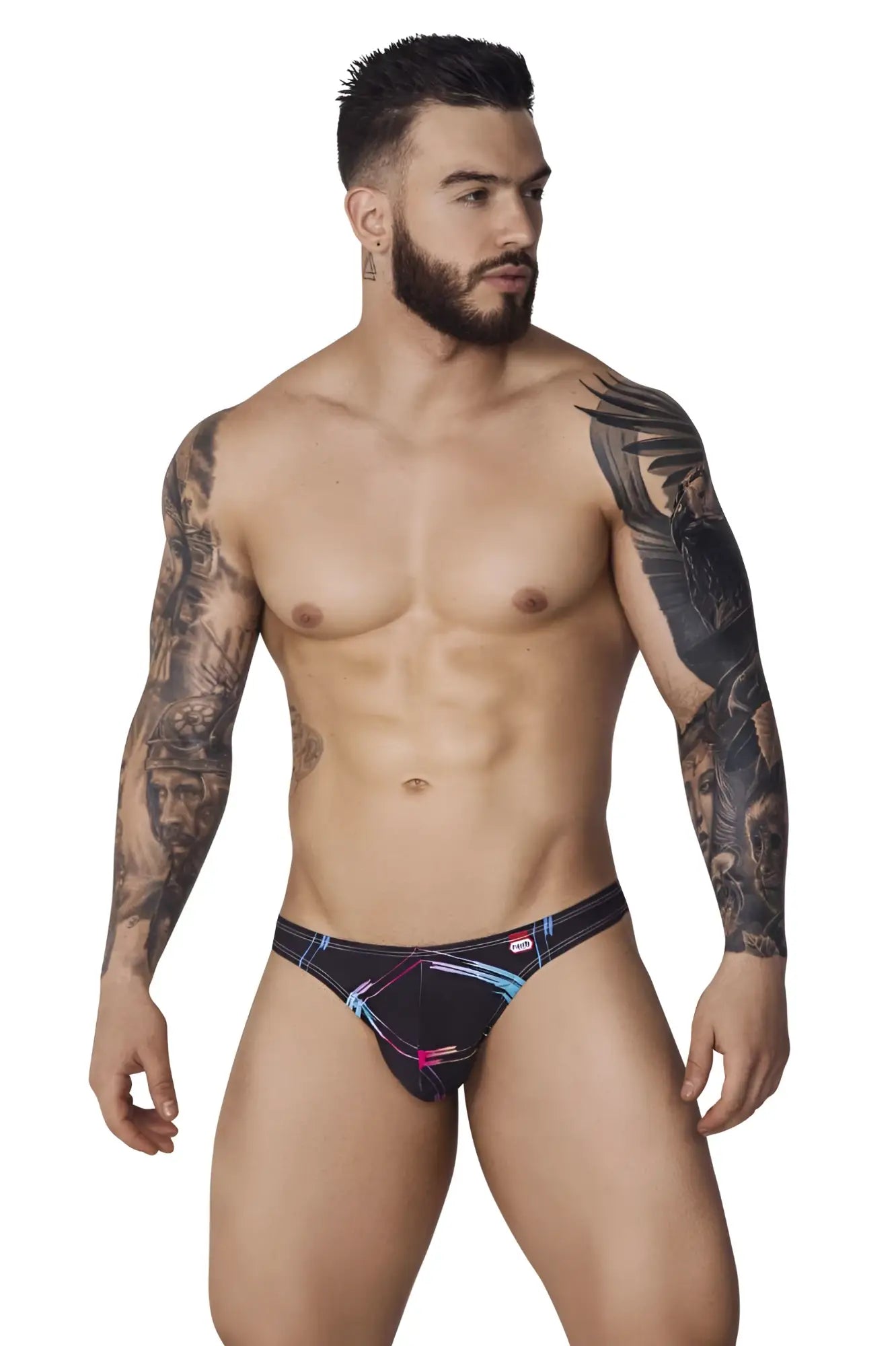Black pikante pik 1077 nucleus thongs with vibrant neon blue and pink abstract geometric pattern briefs front view