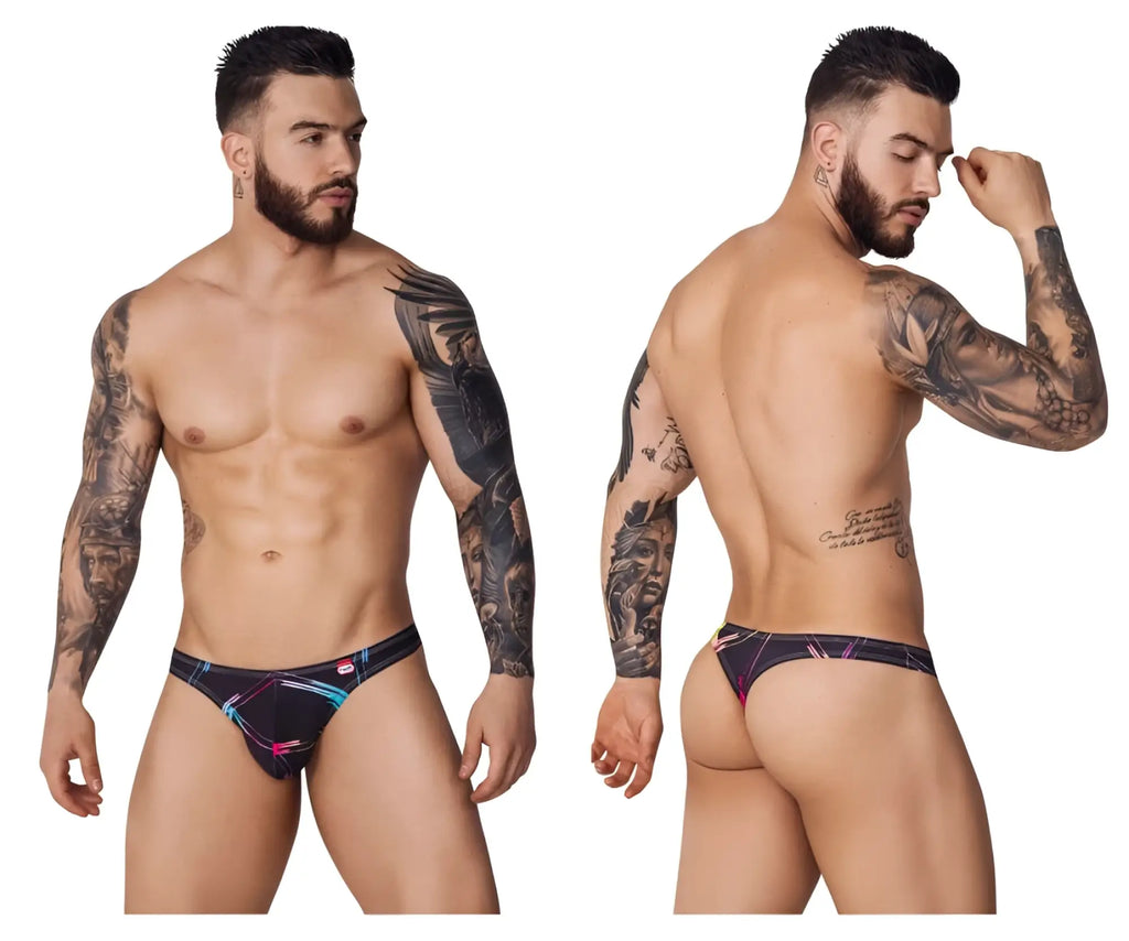 Black briefs with a vibrant pink blue and white geometric pattern from pikante pik 1077 nucleus thongs color black collection