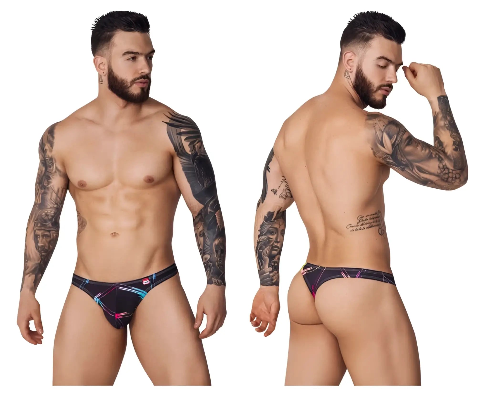 Black briefs with a vibrant pink blue and white geometric pattern from pikante pik 1077 nucleus thongs color black collection