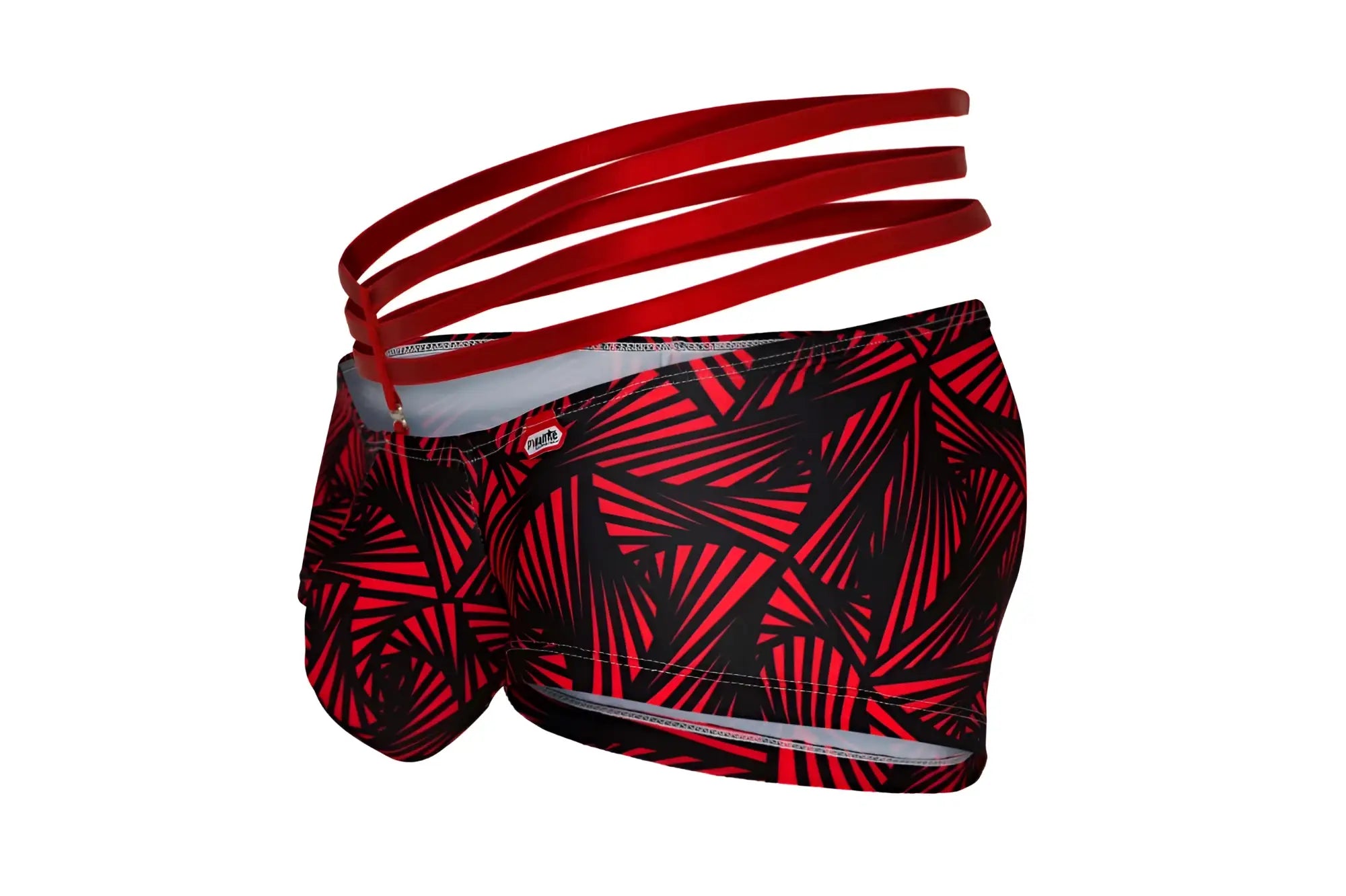 Pikante pik 1078 fiery trunks in red with black geometric pattern and matching red elastic waistband swim trunks