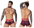 Red and black patterned pikante pike 1078 fiery trunks briefs with three horizontal red straps at the waist