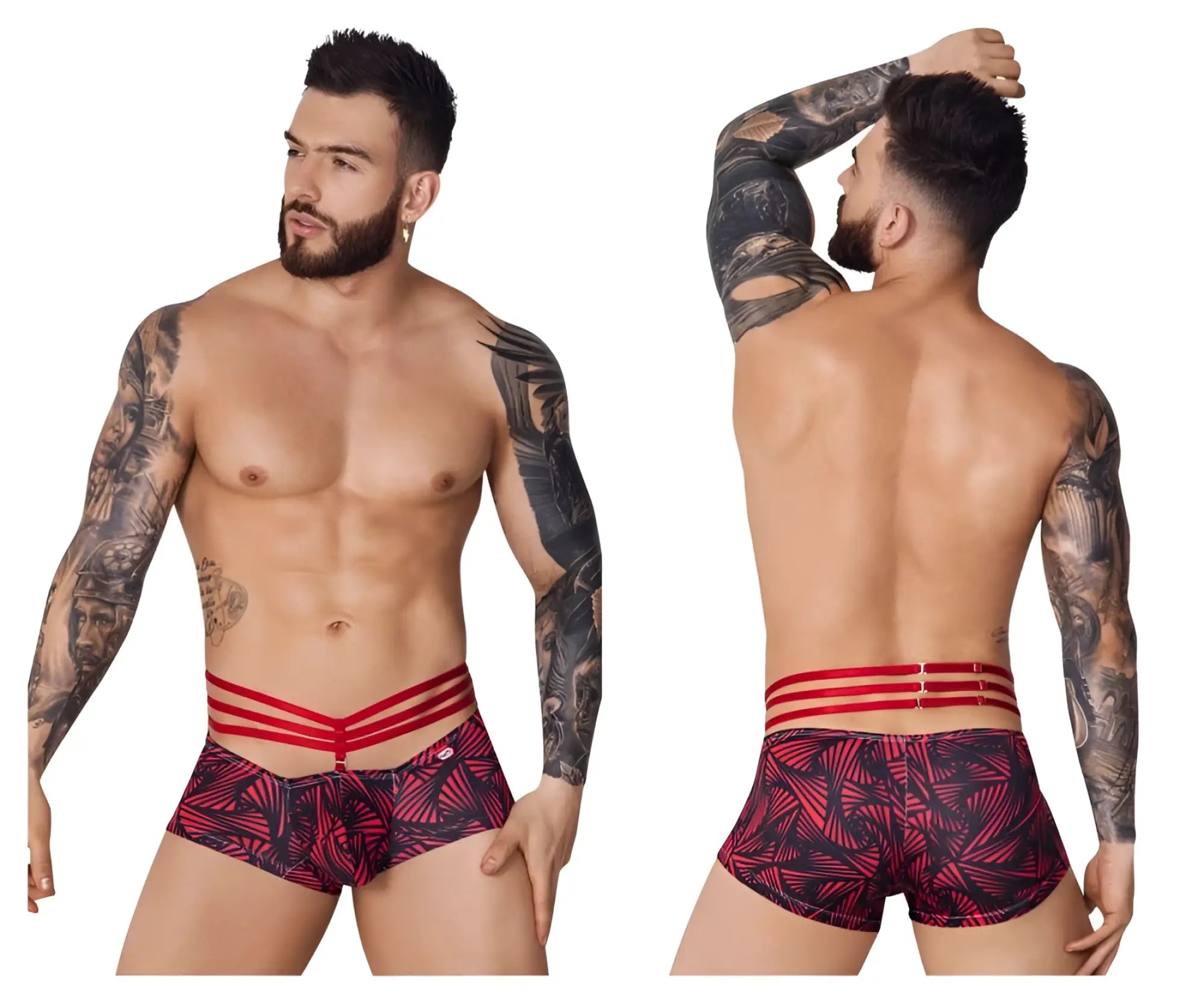 Red and black patterned pikante pike 1078 fiery trunks briefs with three horizontal red straps at the waist