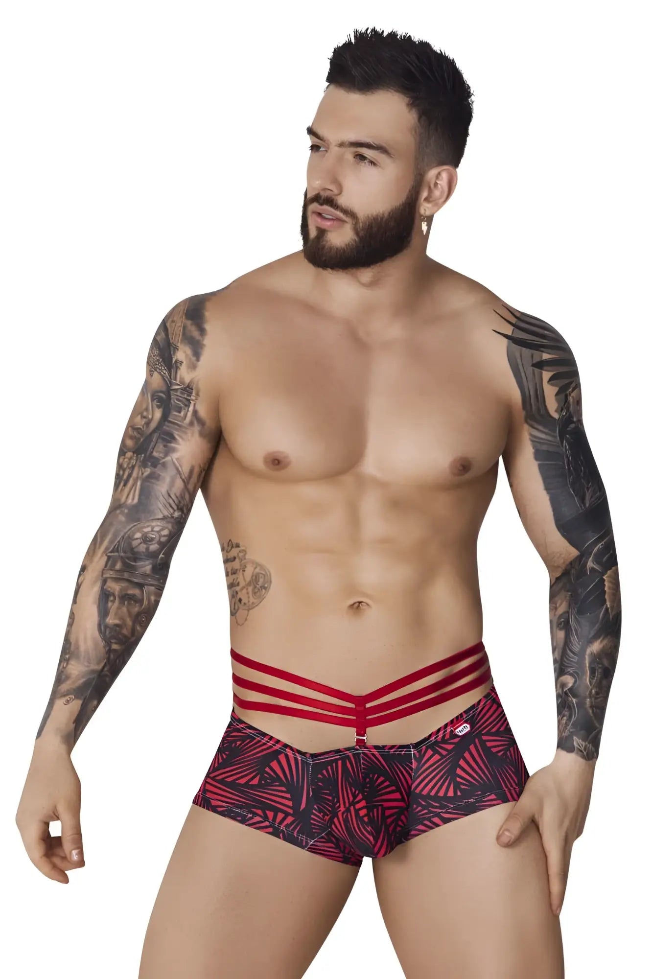 Red and black patterned briefs with three horizontal red waist straps pikante piki 1078 fiery trunks color red