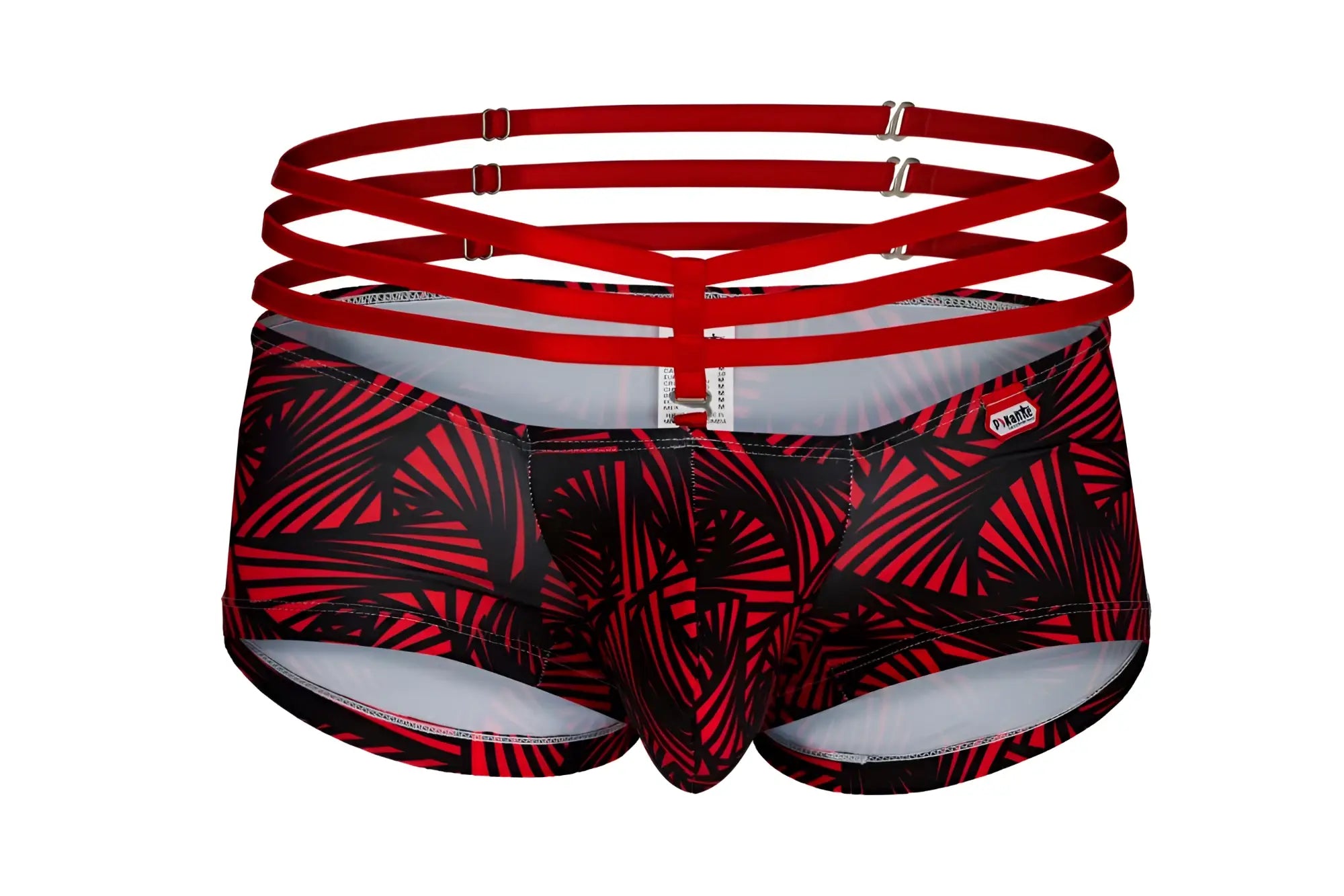 Red and black tropical leaf patterned men’s briefs with red crisscross waistband pikante pik 1078 fiery trunks