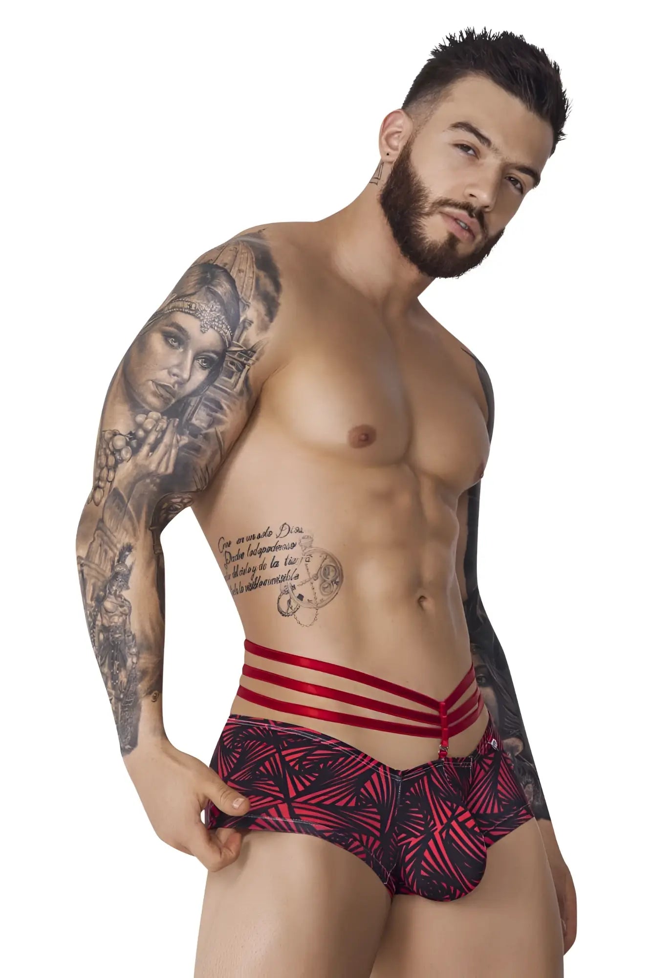 Men’s Pikante PIK 1078 Fiery trunks red briefs with black pattern and three horizontal red straps for bold style
