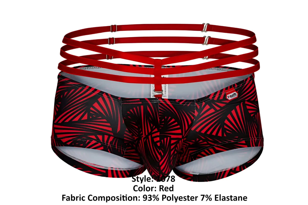 Red tropical leaf patterned briefs with bold strappy waistband from Pikante PIK 1078 Fiery Trunks collection
