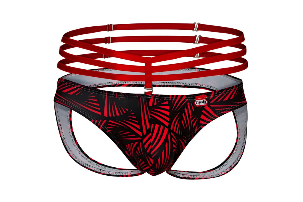Red and black leaf-patterned men’s briefs with matching red multi-strapped harness from pikante PIK 1080 fiery jockstrap