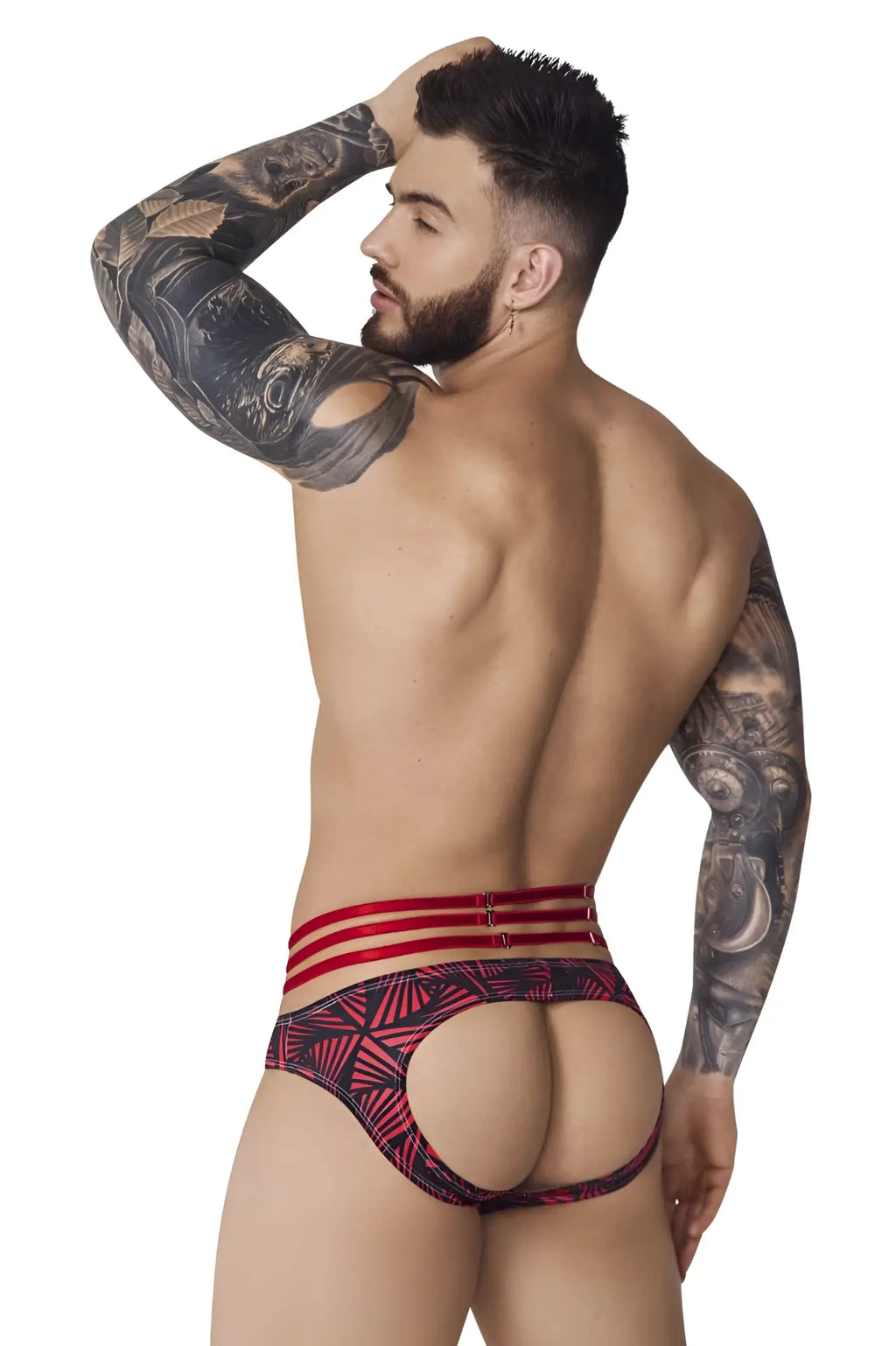 Red and black patterned briefs with geometric design from pikante pik 1080 fiery jockstrap collection in red