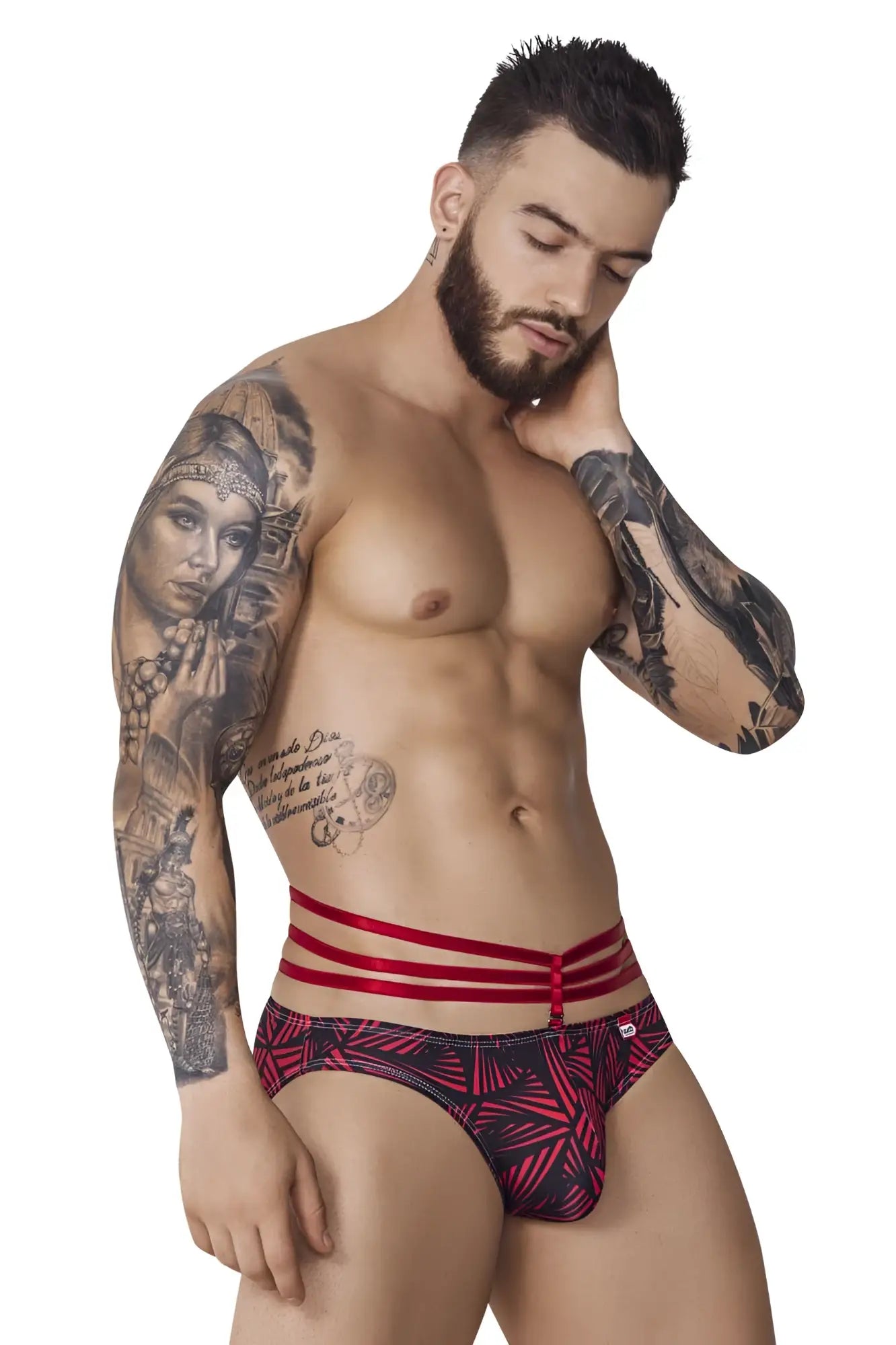 Red and black patterned pikante pik 1080 fiery jockstrap briefs with three red stripes on waistband