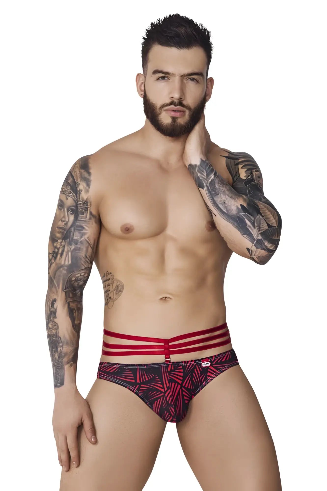 Red and black patterned pikante pik 1080 fiery jockstrap briefs with three red stripes on the waistband