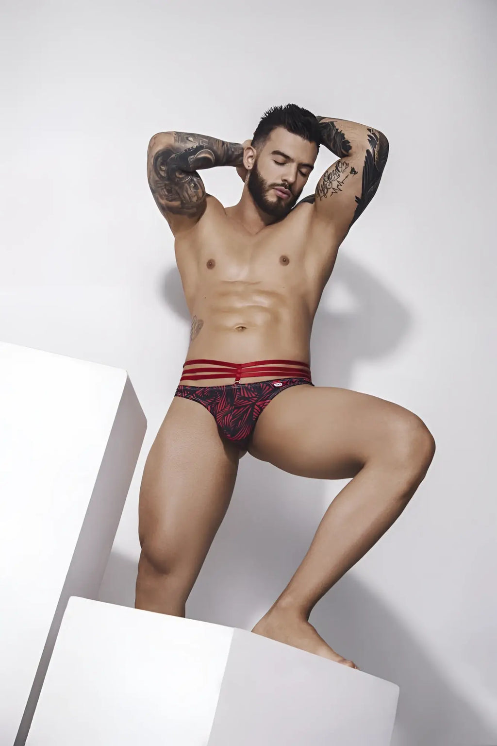Red and black patterned pikante pIK 1080 fiery jockstrap briefs with three horizontal red stripes on waistband