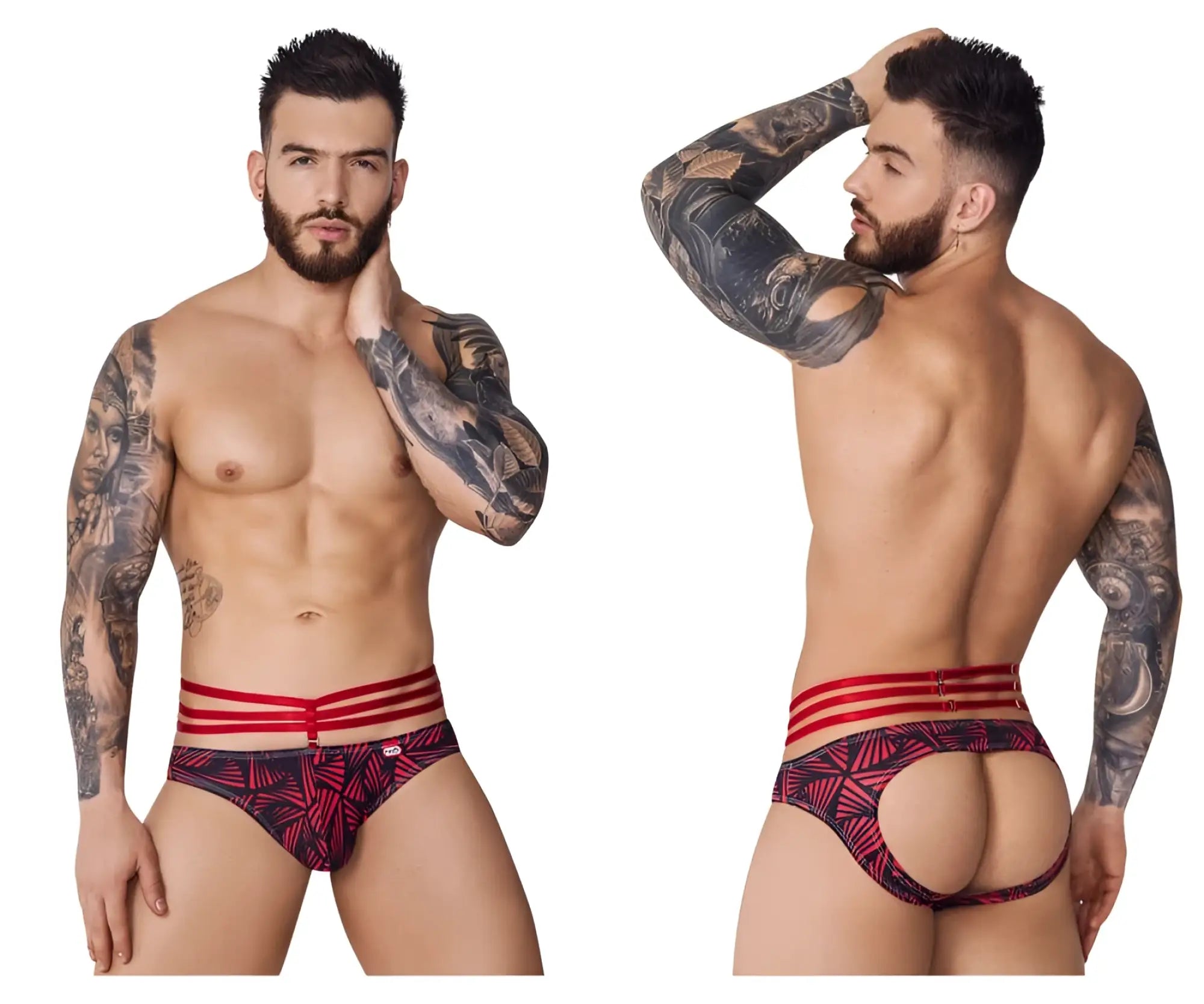 Pikante PIK 1080 fiery jockstrap in red with black pattern and three horizontal red stripes on the waistband