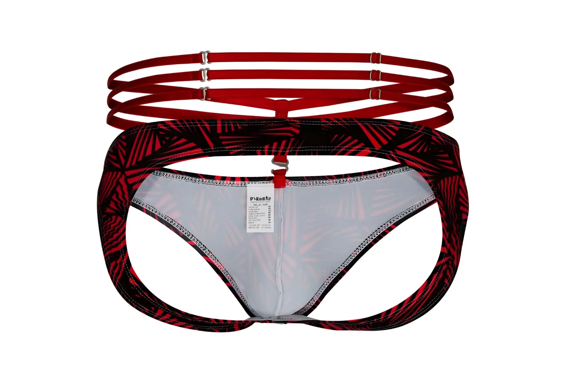 Red and black tropical leaf-patterned pikante pyk 1080 fiery jockstrap with white lining and adjustable red straps