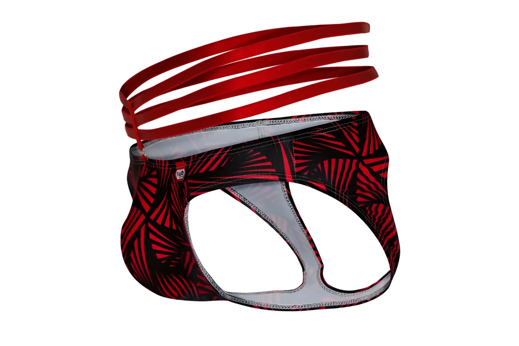 Red and black tropical leaf-patterned men’s briefs with matching red waistband from pikante PIK 1080 fiery jockstrap collection