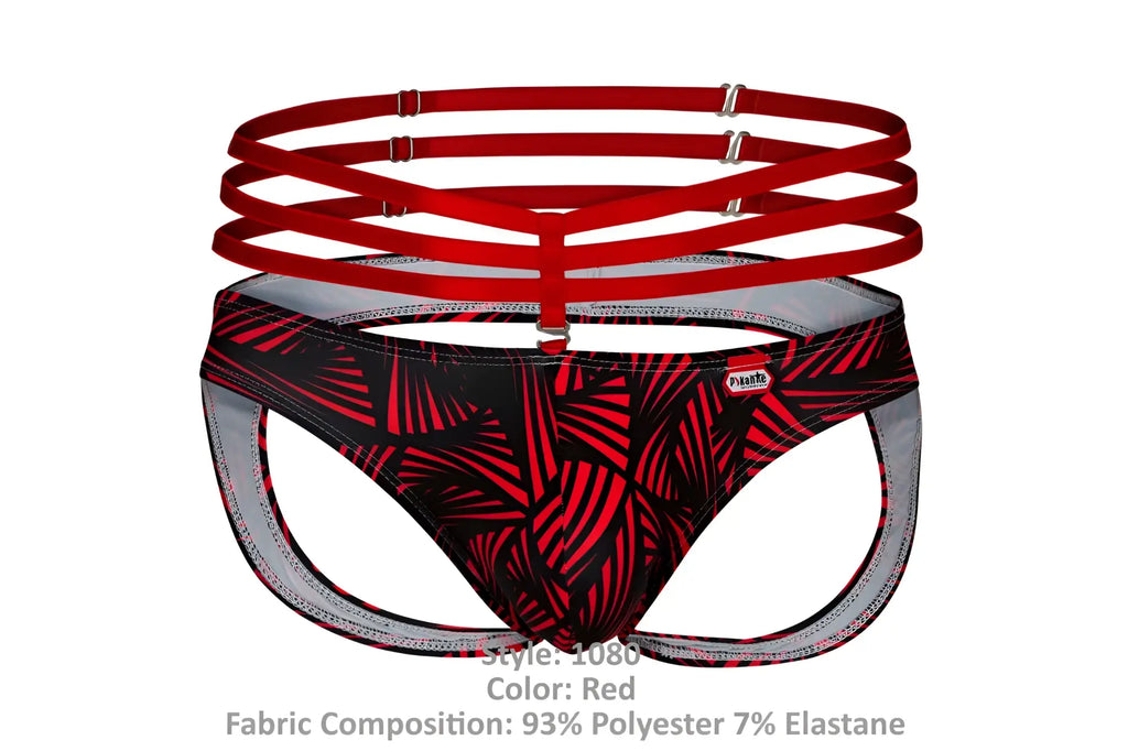 Red patterned pikante p38fiery jockstrap briefs with black leaf design and silver trim