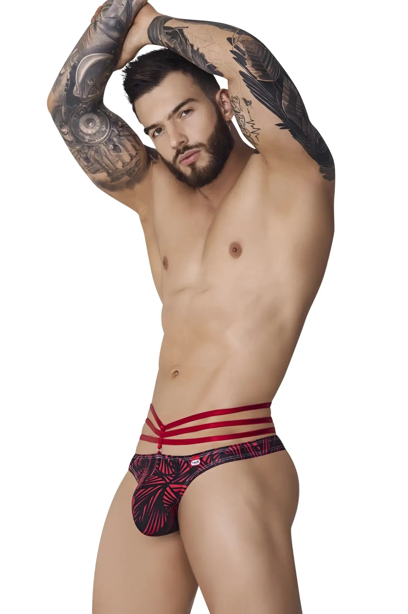 Red and black patterned Pikante PIK 1081 fiery thongs with bold horizontal stripes at the waistband