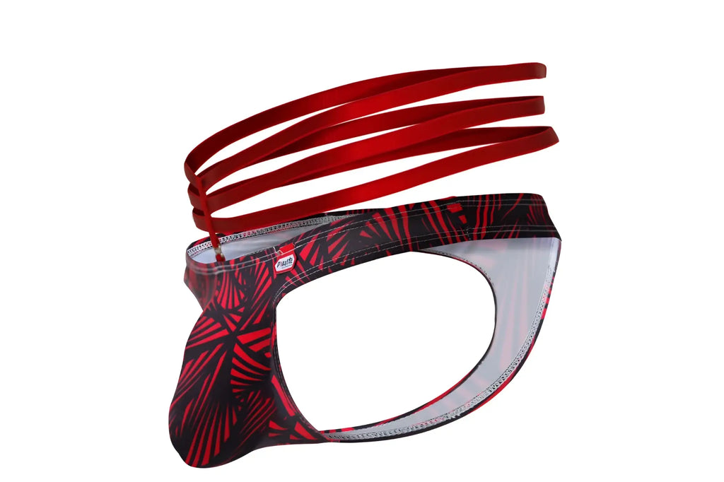 Red and black patterned men’s briefs with a satin-like waistband from pikante pik 1081 fiery thongs color red