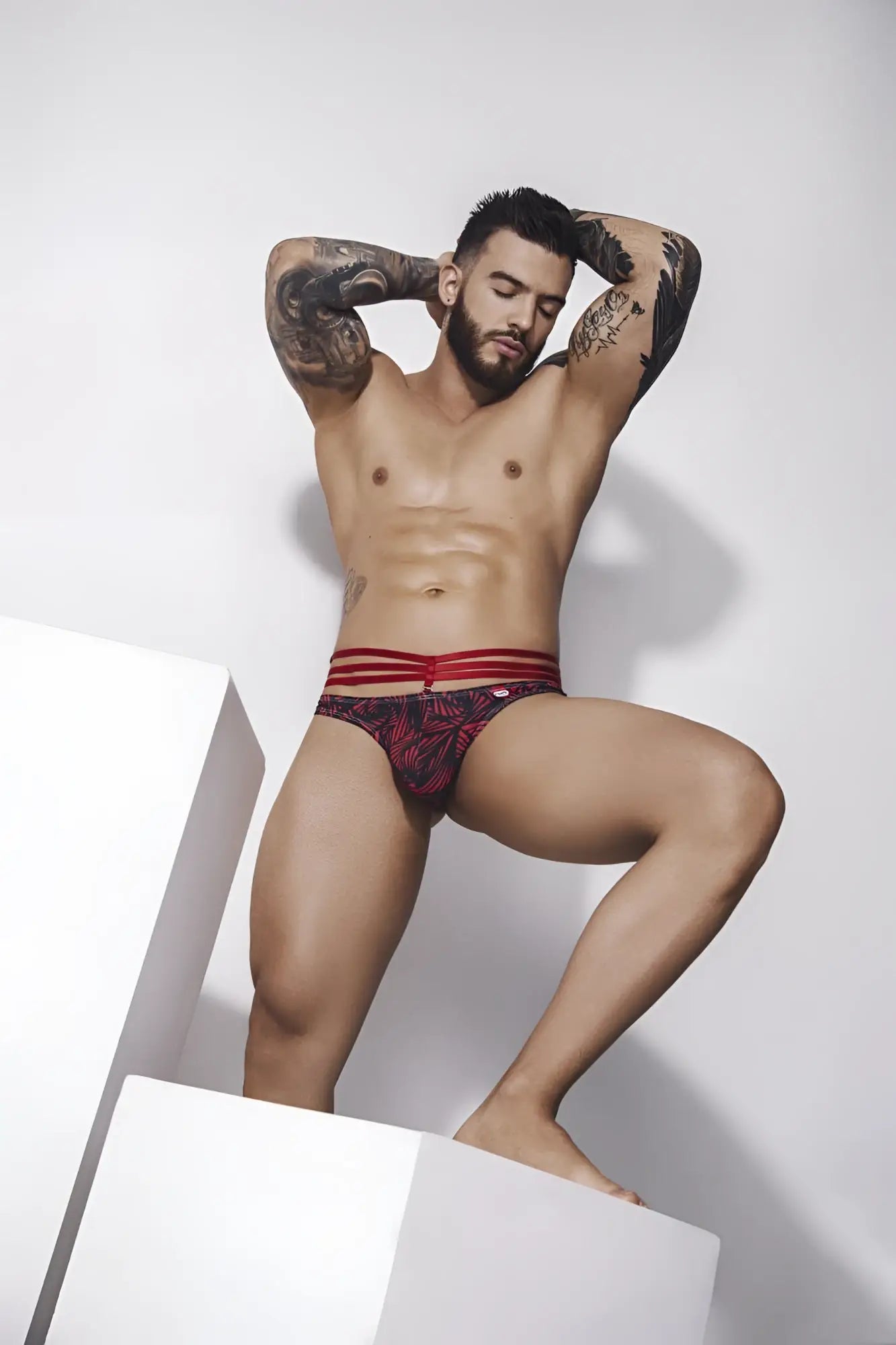 Red and black patterned briefs with three horizontal red stripes on waistband pikante pik 1081 fiery thongs color red