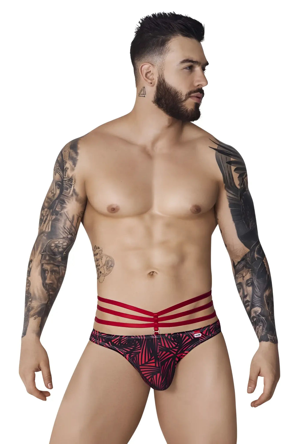 Red and black patterned briefs with three horizontal red straps on the waistband from pikante PIK 1081 fiery thongs color red