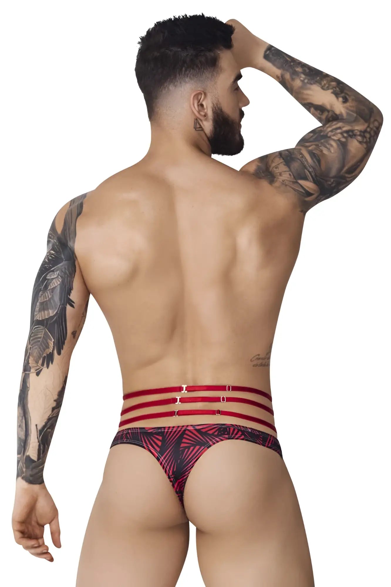Red and black patterned briefs with three horizontal red straps across the waist pikante PIK 1081 fiery thongs red