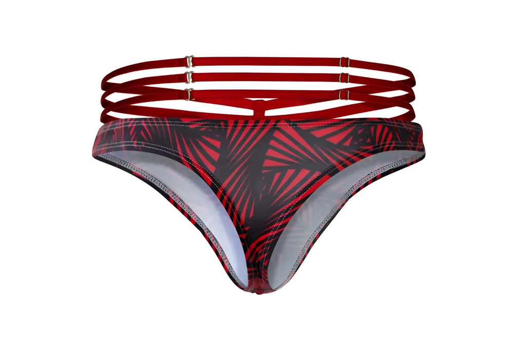 Red and black tropical leaf patterned Pikante PIK 1081 fiery thong bikini bottom with multiple adjustable straps