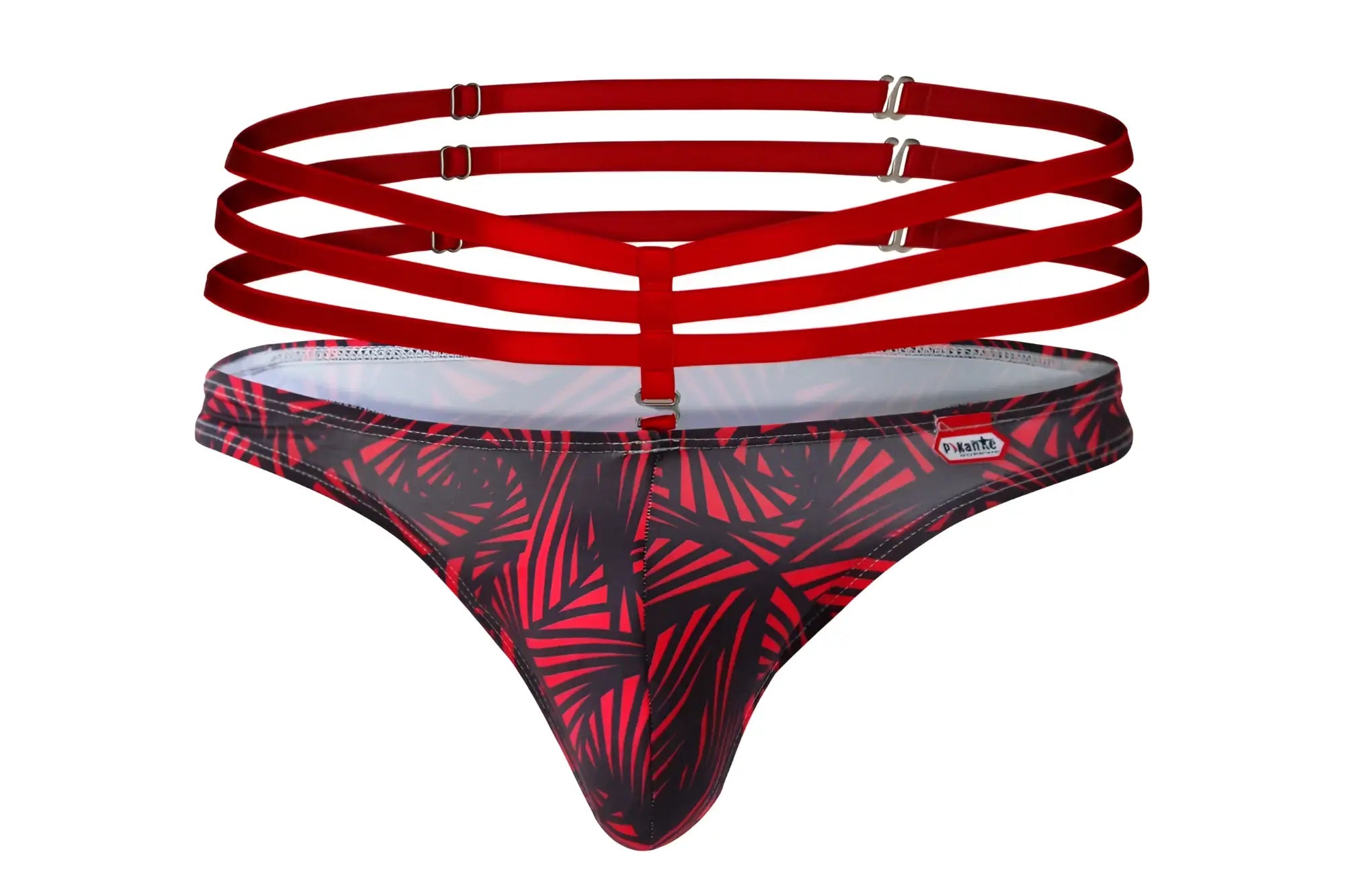 Red and black tropical leaf-patterned thong with matching red multi-strapped harness from Pikante PIK 1081 fiery thongs