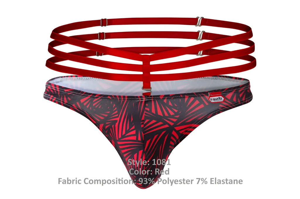 Red tropical leaf-patterned thong with multiple red straps and silver clasps pikante pik 1081 fiery thongs color red