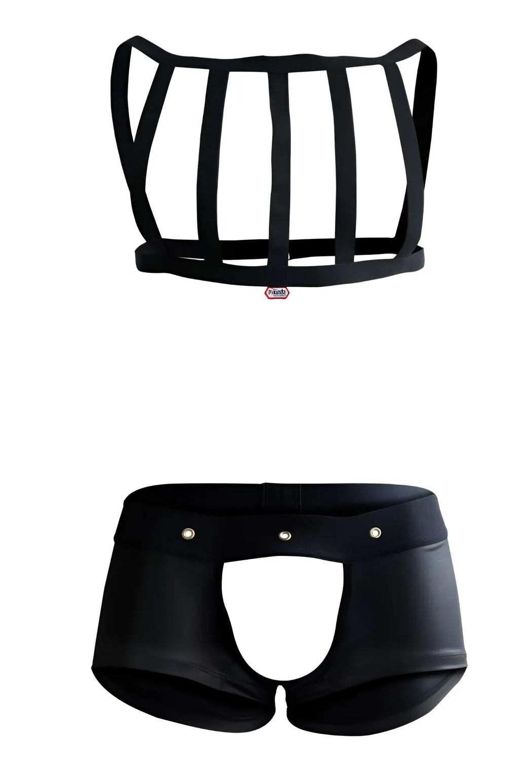 Black leather-like pikante pik 1086 hard harness jockstrap top with vertical straps and studded briefs in black