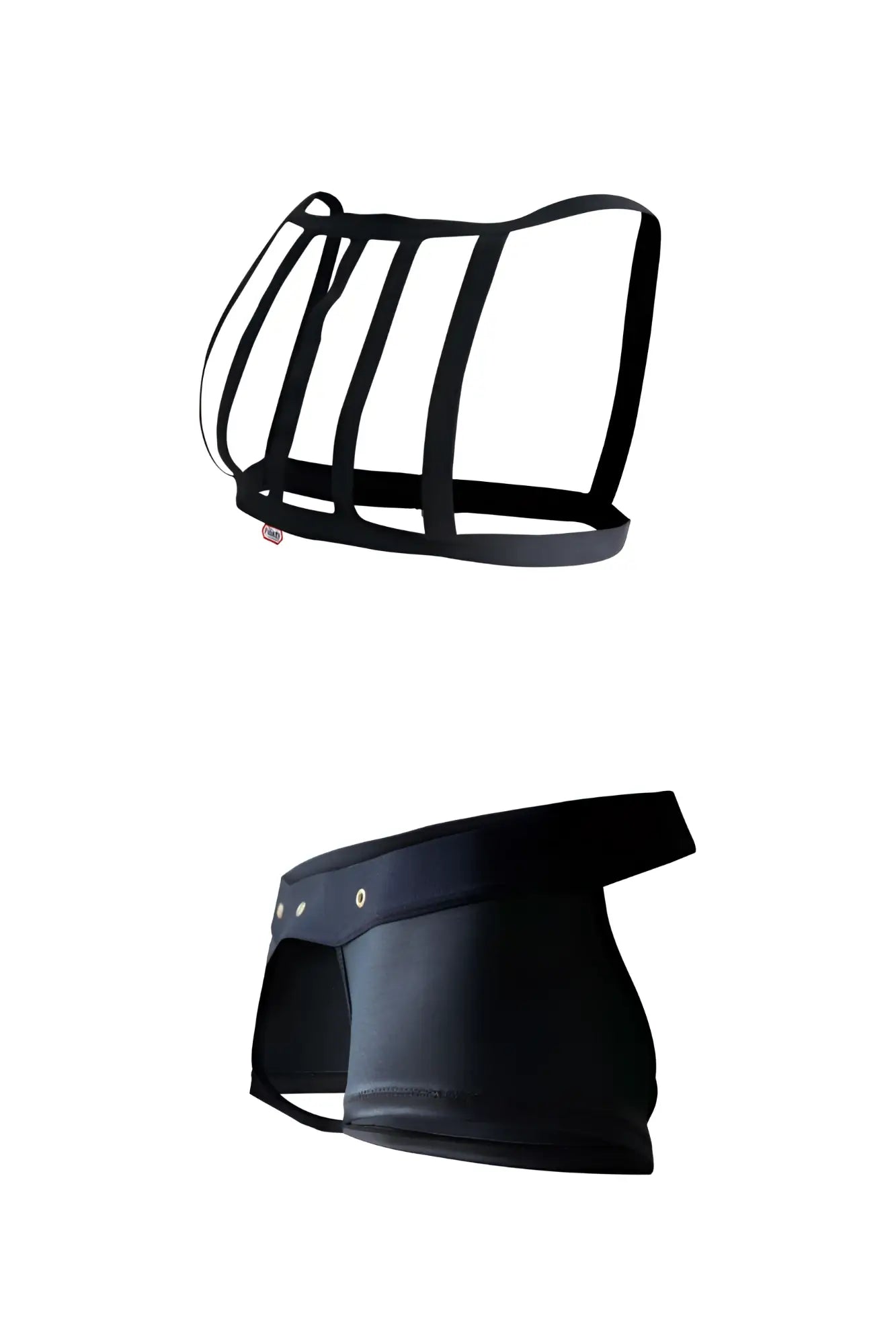 Black leather harness and briefs set pikante pik 1086 hard harness jockstrap showcasing front design