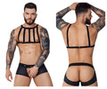 Black strappy men’s lingerie set featuring front harness design and back fastening straps pikante pik 1086 hard harness jockstrap