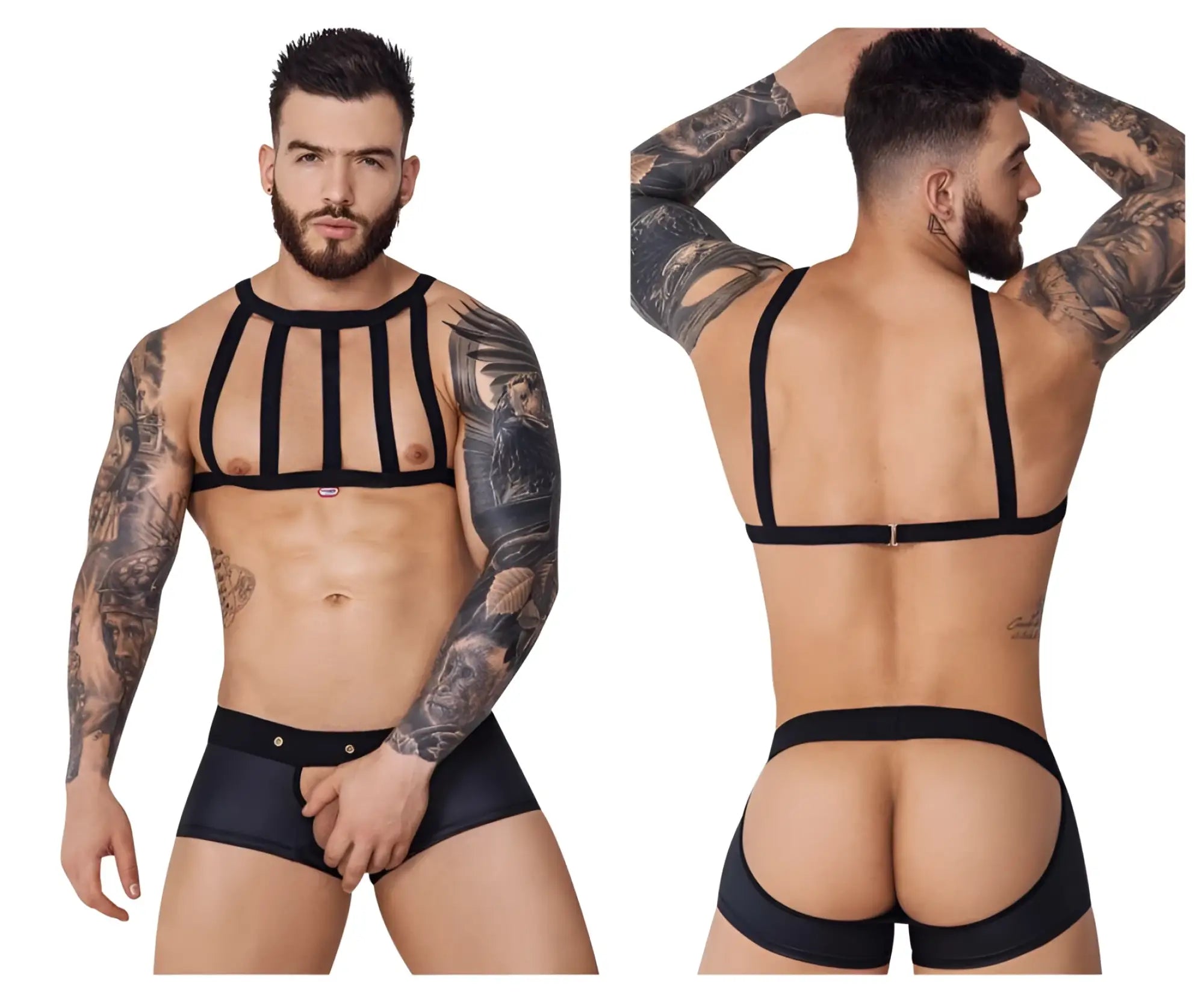 Black strappy men’s lingerie set featuring front harness design and back fastening straps pikante pik 1086 hard harness jockstrap
