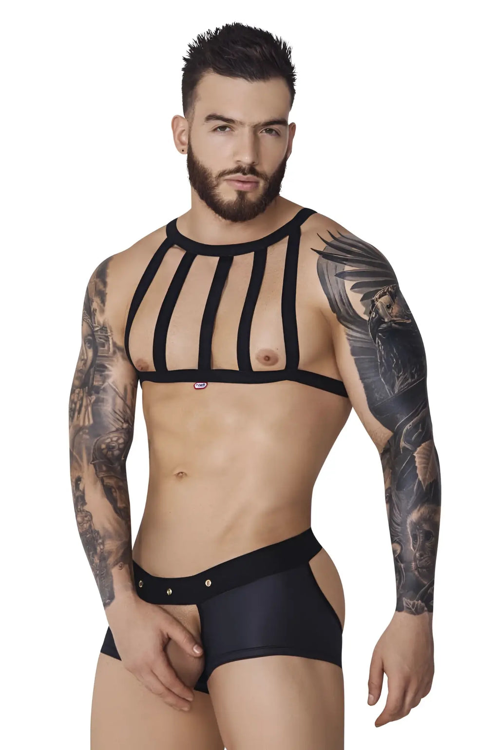 Black strappy harness top with a sleek form-fitting design from pikante pik 1086 hard harness jockstrap collection